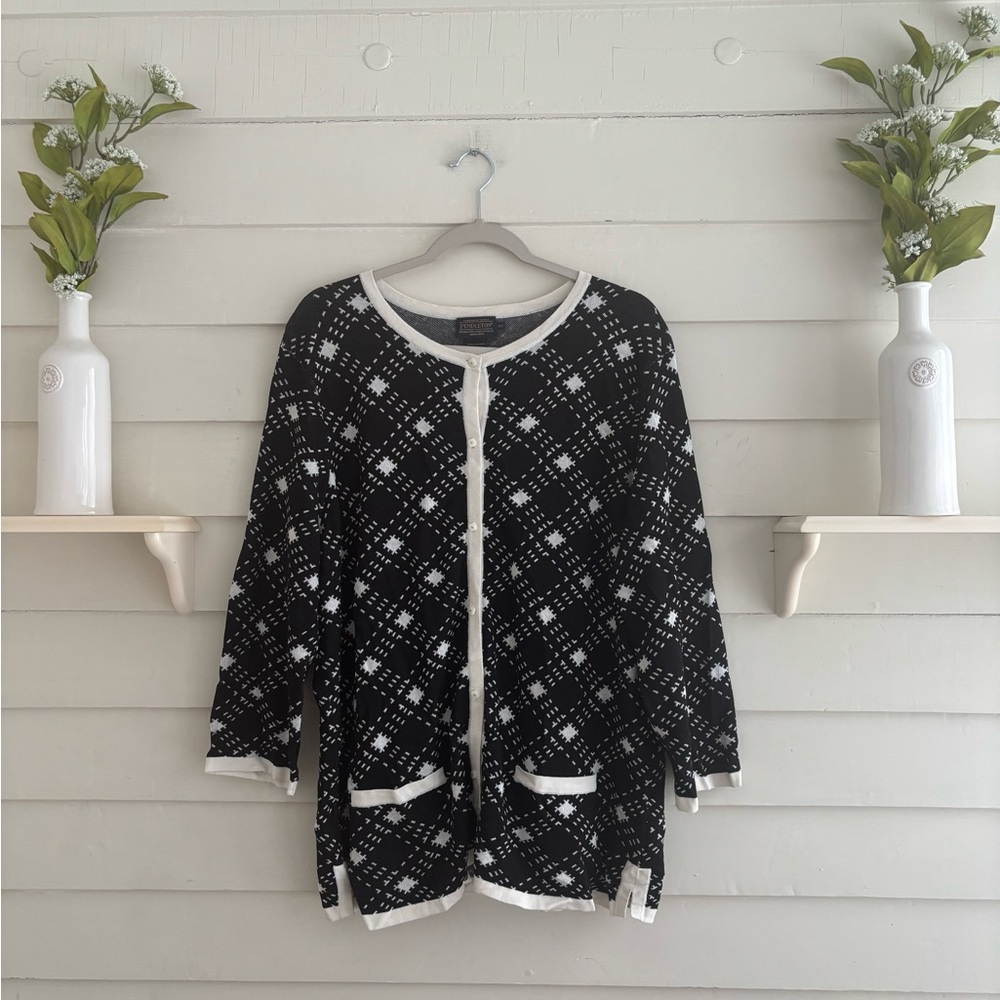 Pendleton Black and Ivory Patterned Silk Cotton Cardigan Sweater Size 2X